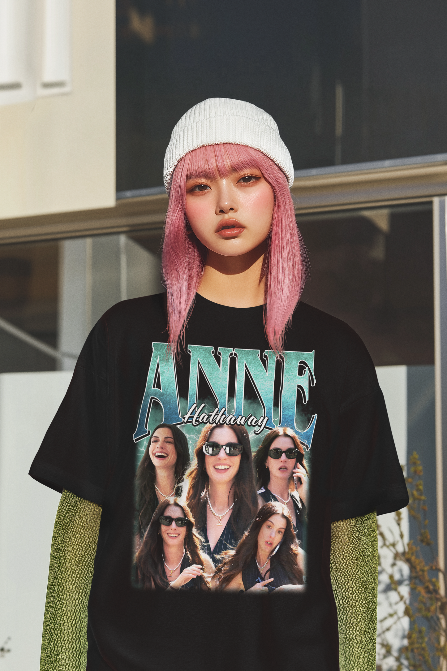 Anne Hathaway Collage Black Graphic T-Shirt - Fun Celebrity Photo Tee