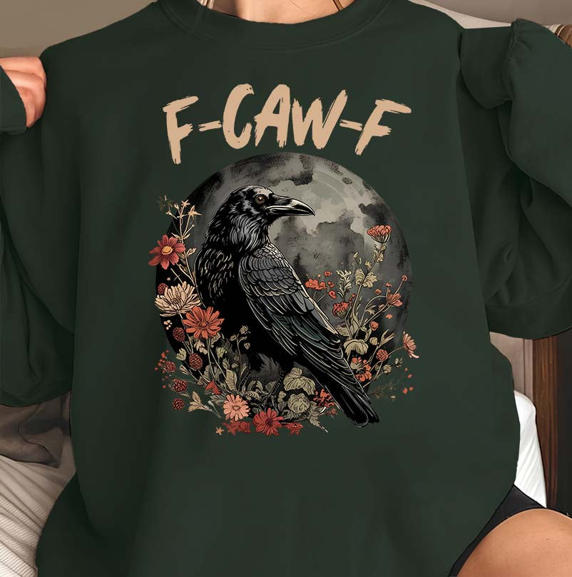 F-CAW-F Raven Bird Graphic Tee with Floral Moon Design