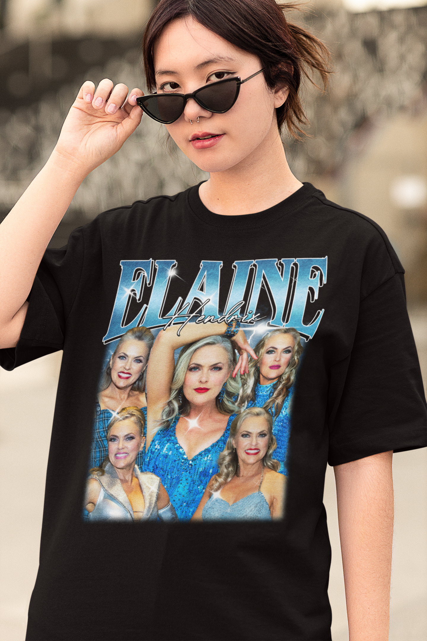 Elaine Hendrix Blue Glamour Collage Shirt - Retro Style Women’s Graphic Tee