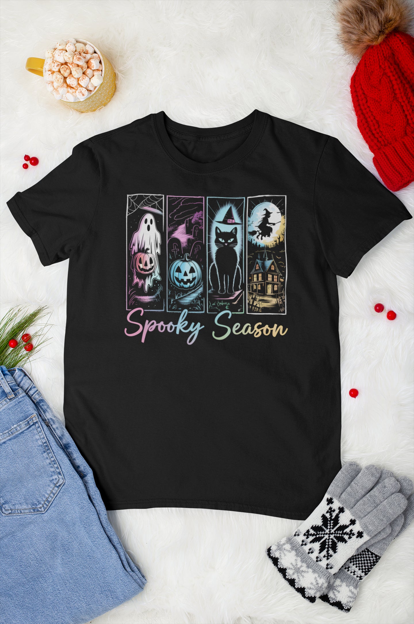 Spooky Season Halloween Hoodie with Ghost, Pumpkin, Cat, Witch House Design