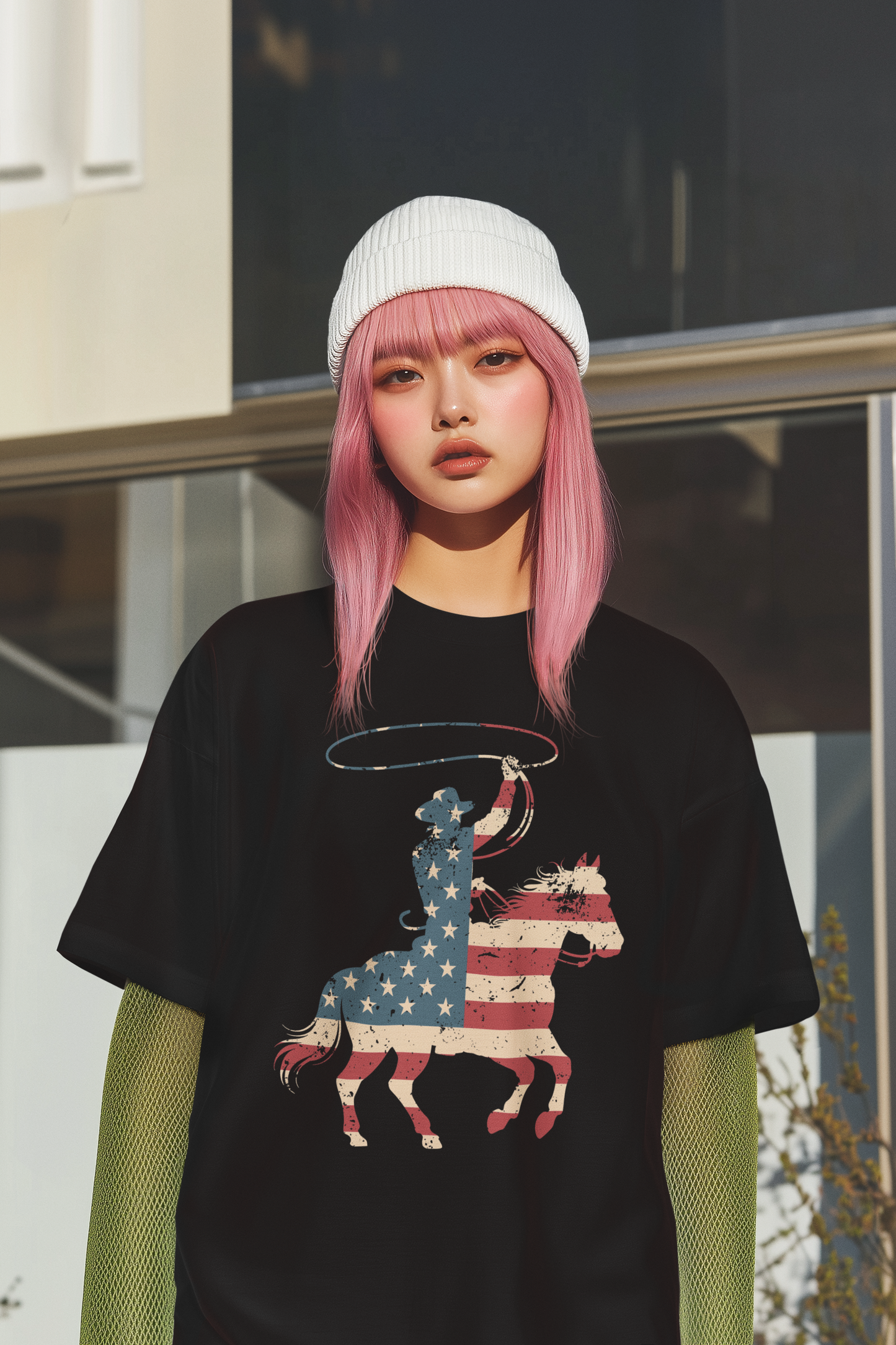 American Flag Cowboy and Horse Retro Western T-Shirt