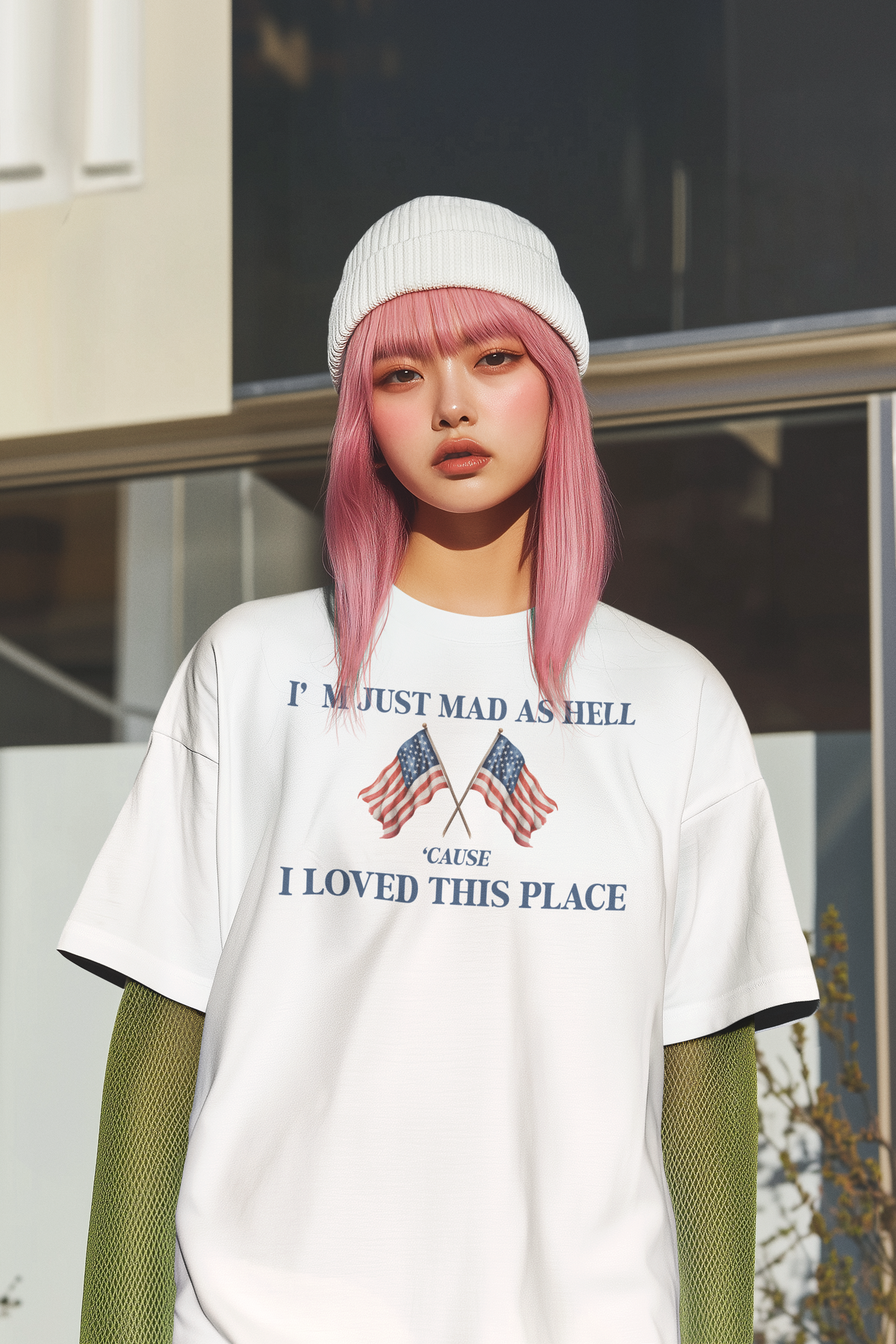 Funny Patriot Flag T-Shirt - Mad as Hell Quote with American Flags