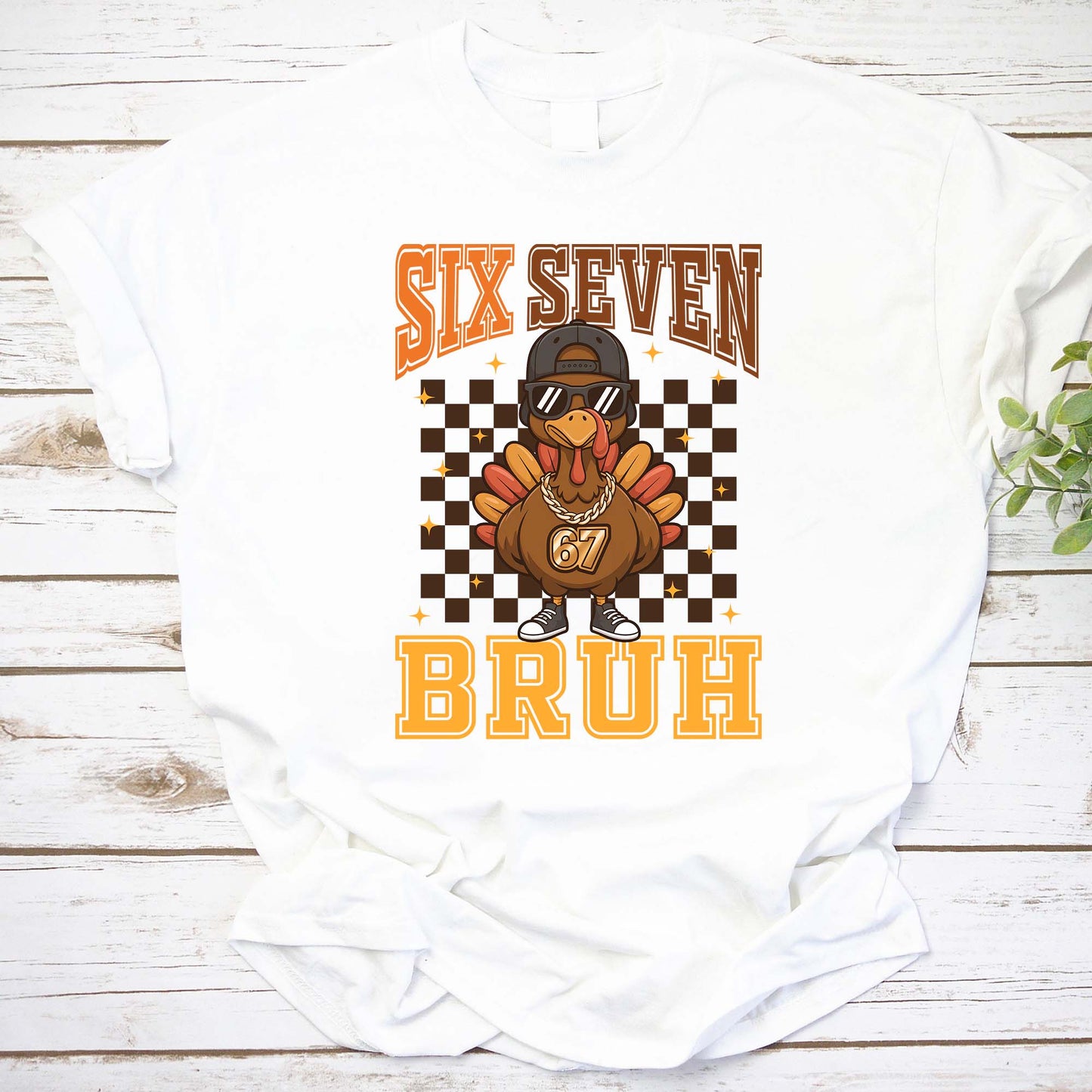 Six Seven Bruh Funny Turkey Hoodie - Cool Retro Checkered Turkey Graphic Sweatshirt