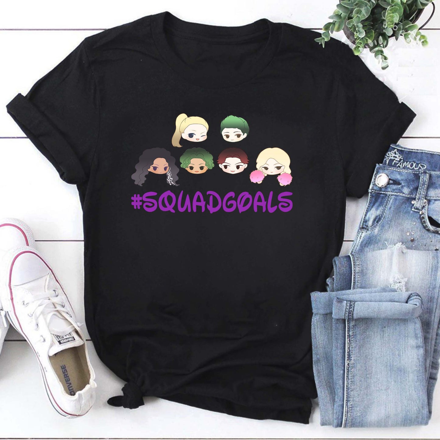 #SquadGoals T-Shirt with Cute Cartoon Faces Graphic Tee for Friendship Fans