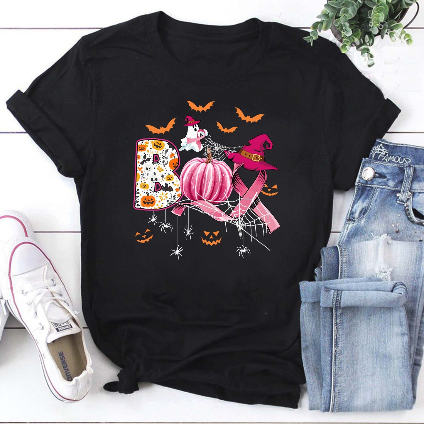 Breast Cancer Awareness Halloween Sweatshirt with Pumpkin & Spooky Design