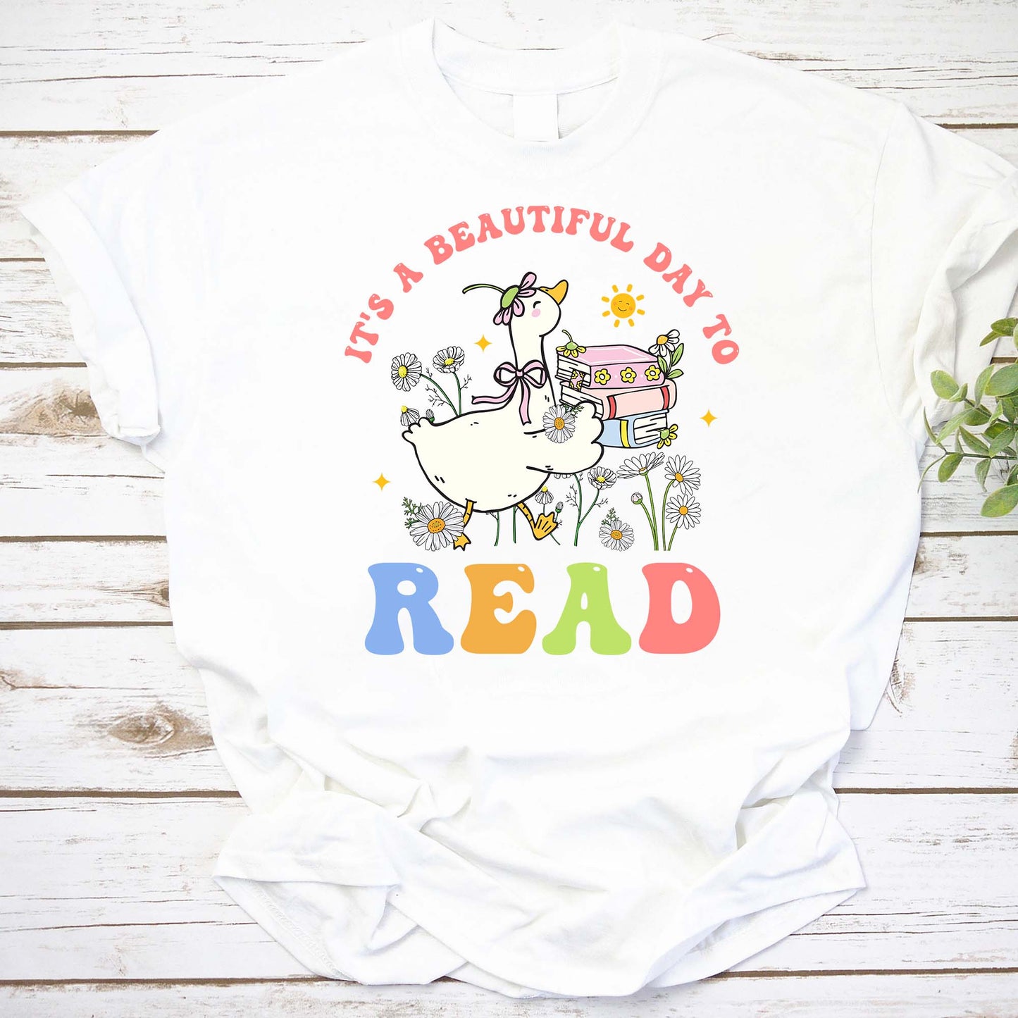Cute Duck Reading T-Shirt - It's a Beautiful Day to Read Cotton Tee