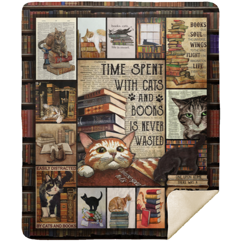 Cats And Books Fleece Blanket, Premium Sherpa Blanket, Book Blanket, Book Lover Gift, Reading Blanket, Book Reading Blanket	MSHM Premium Sherpa Blanket 50x60