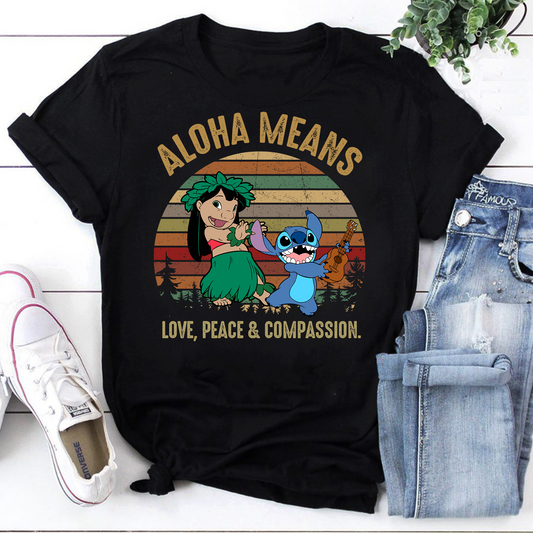 Aloha Means Love Peace And Compassion Lilo And Stitch Vintage Unisex T-Shirt