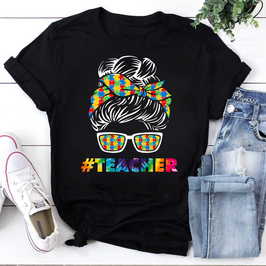 Autism Shirts For Teachers Messy Bun Sunglasses Bandana Mother Day Vintage T-Shirt