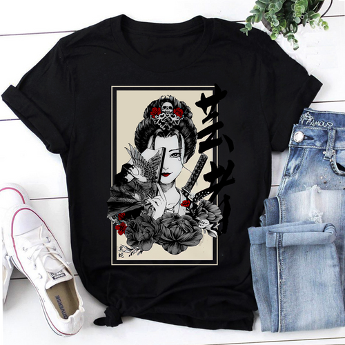 Beautiful Geisha Japanese Samurai Bushido Warrior Japan Sword Vintage T-Shirt