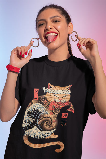 Catana Wave Cat Tattooed Samurai Cat Japanese Art T-Shirt