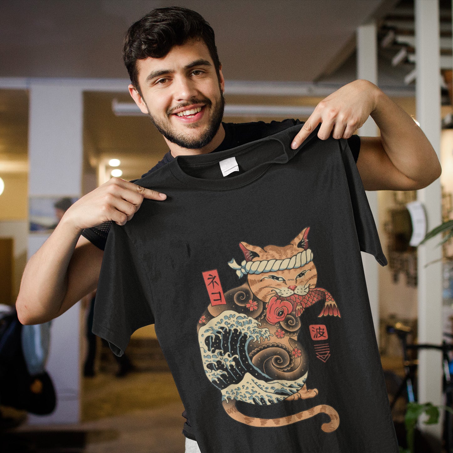 Catana Wave Cat Tattooed Samurai Cat Japanese Art T-Shirt