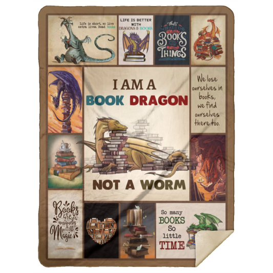 I Am A Book Dragon Not A Worm Fleece Blanket, Premium Sherpa Blanket, Reading Lover Gift, Book Blanket, Bookworm Gift, Dragon Blanket	MSHL Premium Sherpa Blanket 60x80