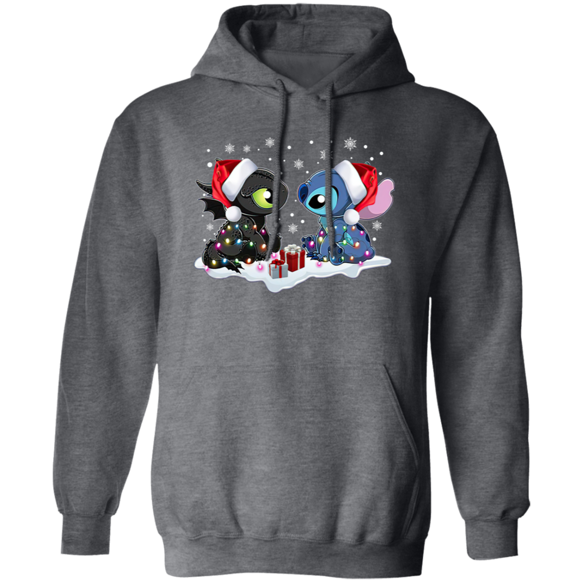 Stitch And Toothless Santa Christmas With Xmas Lights Unisex Sweatshirt  Gildan Pullover Hoodie