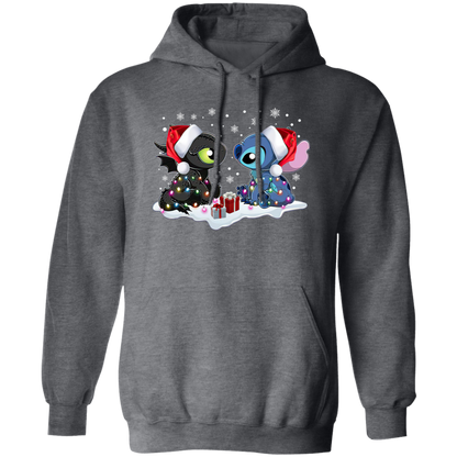 Stitch And Toothless Santa Christmas With Xmas Lights Unisex Sweatshirt  Gildan Pullover Hoodie