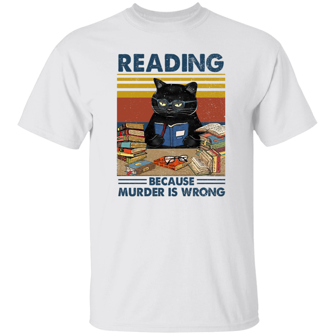 Reading Because Murder Is Wrong Teach T-Shirt, Funny Cat Book Shirt, Librarians T-Shirt, Book Club Gift, Retro Cat Lover Shirt, Bookworm