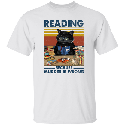 Reading Because Murder Is Wrong Teach T-Shirt, Funny Cat Book Shirt, Librarians T-Shirt, Book Club Gift, Retro Cat Lover Shirt, Bookworm