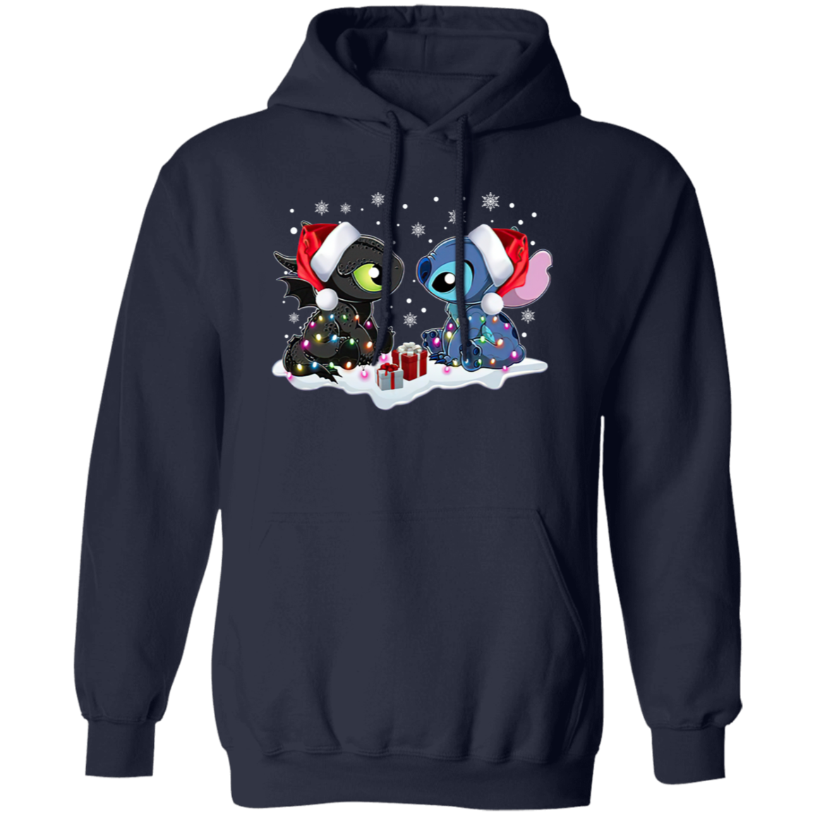 Stitch And Toothless Santa Christmas With Xmas Lights Unisex Sweatshirt  Gildan Pullover Hoodie