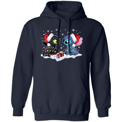 Stitch And Toothless Santa Christmas With Xmas Lights Unisex Sweatshirt  Gildan Pullover Hoodie