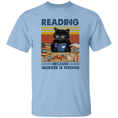 Reading Because Murder Is Wrong Teach T-Shirt, Funny Cat Book Shirt, Librarians T-Shirt, Book Club Gift, Retro Cat Lover Shirt, Bookworm