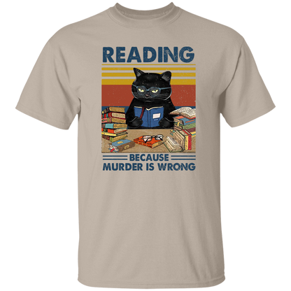 Reading Because Murder Is Wrong Teach T-Shirt, Funny Cat Book Shirt, Librarians T-Shirt, Book Club Gift, Retro Cat Lover Shirt, Bookworm
