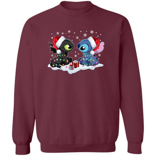 Stitch And Toothless Santa Christmas With Xmas Lights Unisex Pullover Sweatshirt