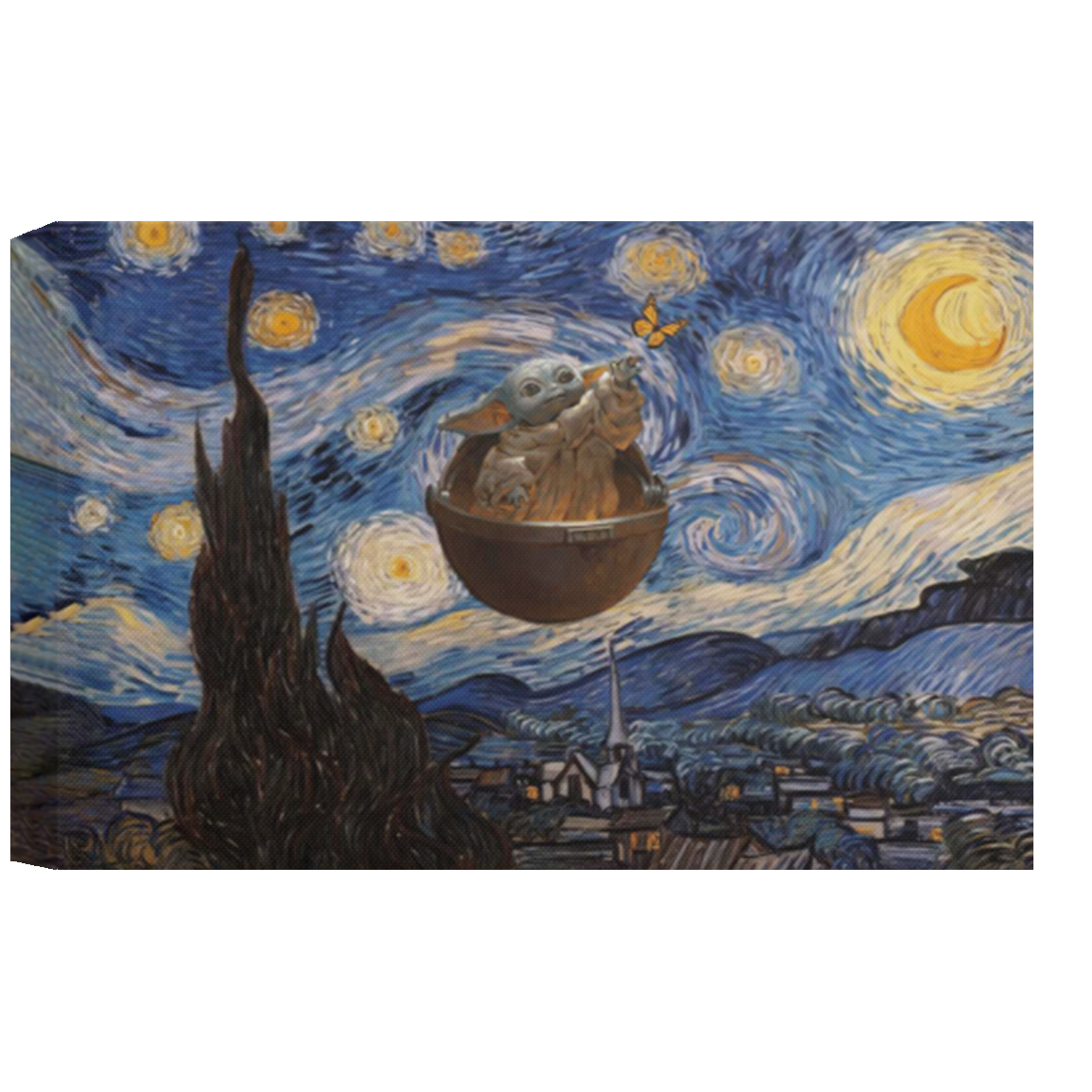 Starry Night With Yoda Baby Framed Canvas, Unframed Poster, Yoda Baby Canvas, Starry Night Canvas, Van Gogh Wall Decor	CANLA15 Deluxe Landscape Canvas 1.5in Frame