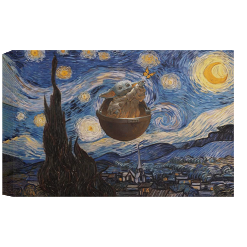 Starry Night With Yoda Baby Framed Canvas, Unframed Poster, Yoda Baby Canvas, Starry Night Canvas, Van Gogh Wall Decor	CANLA15 Deluxe Landscape Canvas 1.5in Frame