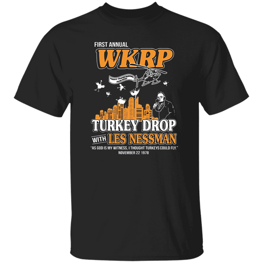 First Annual WKRP Turkey Drop Les Nessman Vintage T-Shirt, Thanksgiving Shirt, Turkey Shirt, Turkey Drop Shirt, Turkey Meme ShirtG500 5.3 oz. T-Shirt