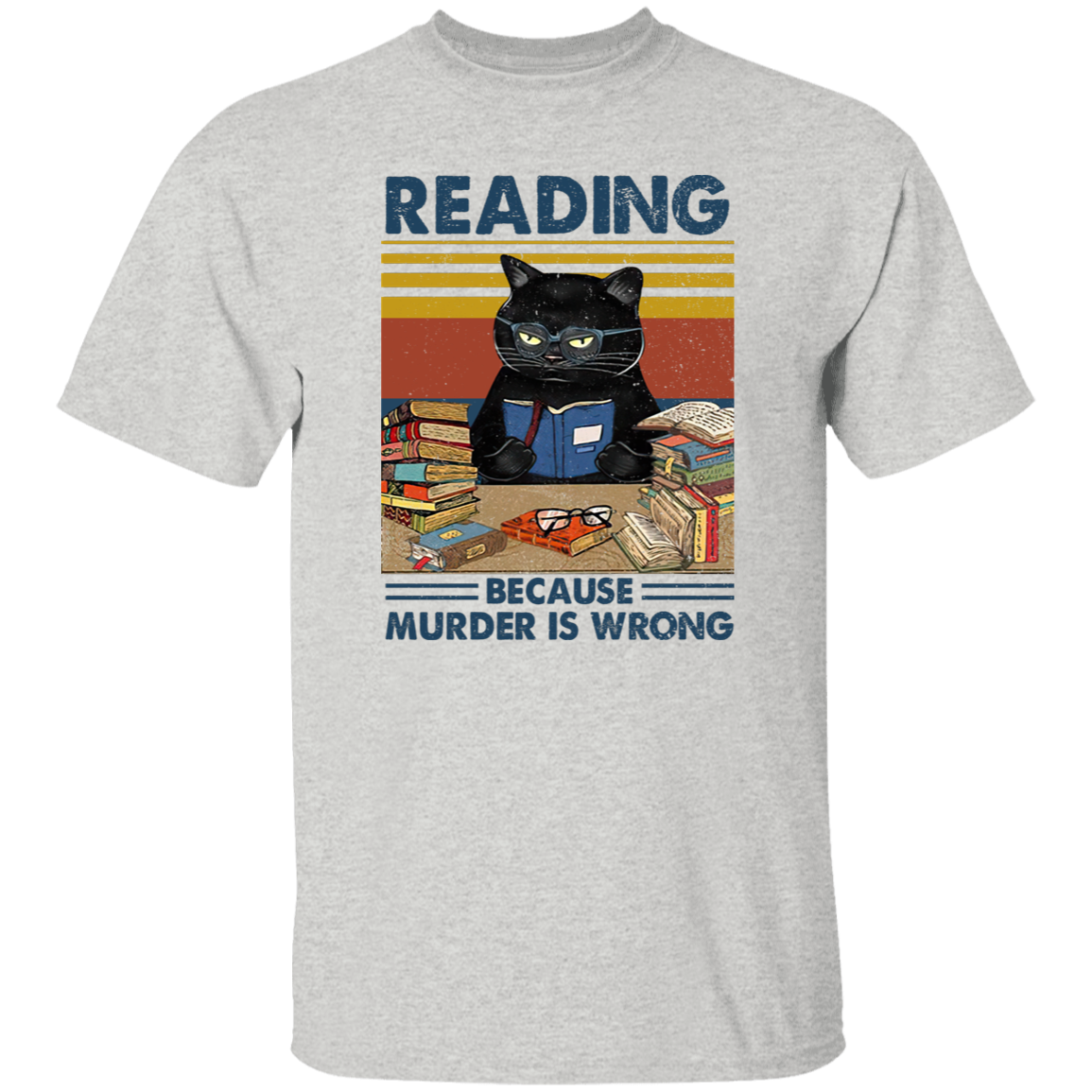 Reading Because Murder Is Wrong Teach T-Shirt, Funny Cat Book Shirt, Librarians T-Shirt, Book Club Gift, Retro Cat Lover Shirt, Bookworm