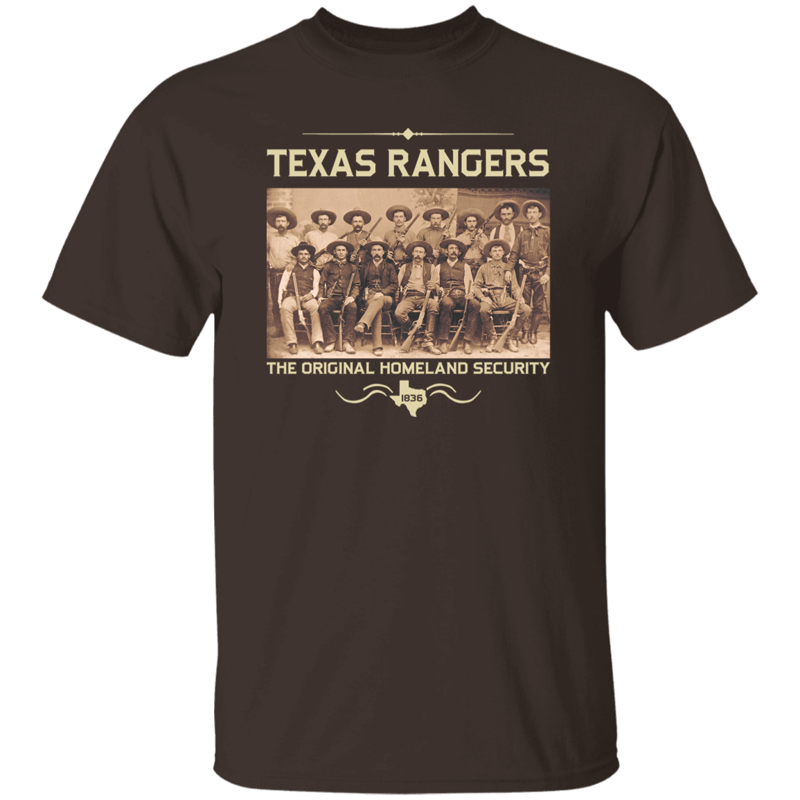 Texas Rangers The Original Homeland Security 1836 Vinatge T-Shirt, Texas Rangers Shirt, Cowboy Shirt, For Cowboy Lover Shirt	G500 5.3 oz. T-Shirt
