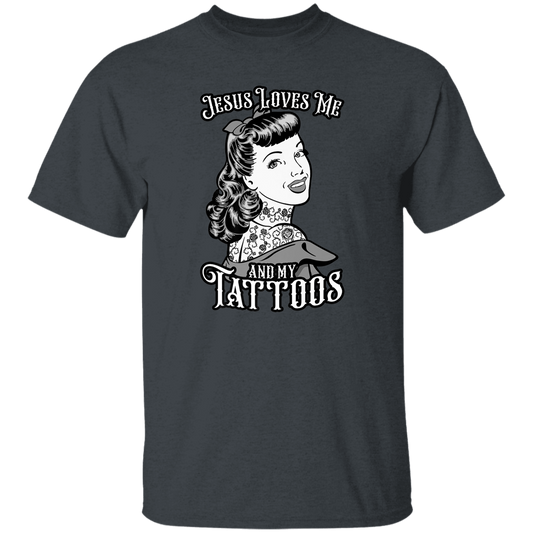 Jesus Loves Me And My Tattoos Tattooed Vintage Pop Art Girl Premium Vintage T-Shirt, Jesus Love Me Shirt, For jesus Lover Shirt, Jesus Love	G500 5.3 oz. T-Shirt