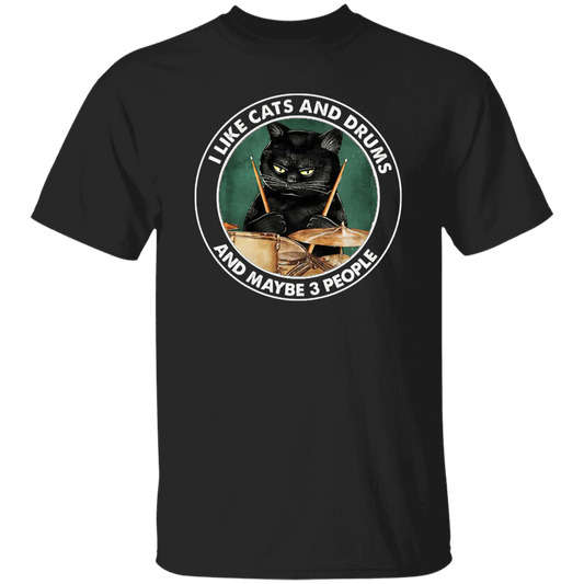 I Like Cats And Drums And Maybe 3 People Vintage T-Shirt, Drummer Shirt, Cat Shirt, Cat Lovers Shirt, Black Cat Shirt, Cat Vintage Shirt	G500 5.3 oz. T-Shirt