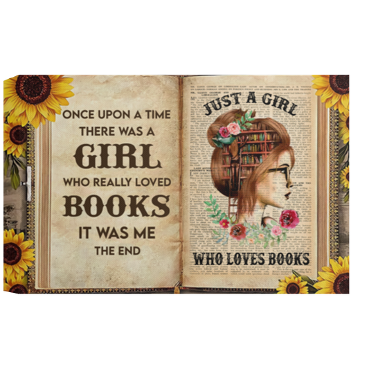 Once Upon A Time There Was A Girl Who Really Loved Books Framed Canvas, Unframed Poster, Sunflower Book Page Theme, Book Lovers Gift	CANLA15 Deluxe Landscape Canvas 1.5in Frame