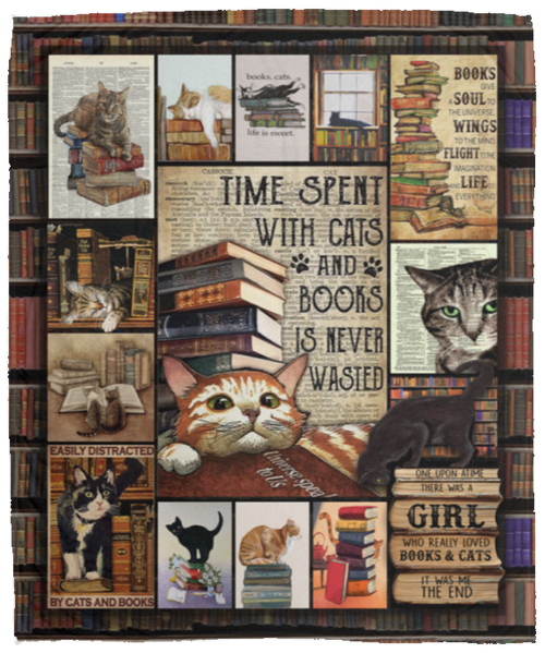 Cats And Books Fleece Blanket, Premium Sherpa Blanket, Book Blanket, Book Lover Gift, Reading Blanket, Book Reading Blanket	VPM Cozy Plush Fleece Blanket - 50x60