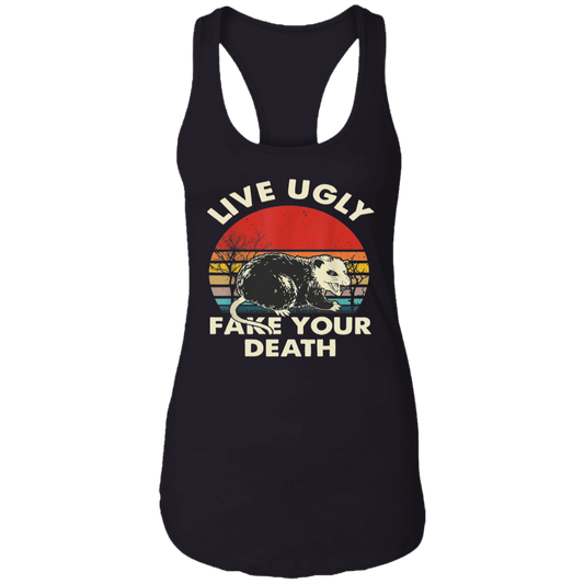 Live Ugly Fake Your Death Cool Angry Opossum Animal Vintage T-Shirt, Opossums Shirt, Spossum Lovers Shirt, Gift Tee For You And Family	NL1533 Ladies Ideal Racerback Tank