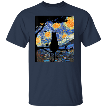 Cat T Starry Night Cat Tee Van Gogh Cat Gift T-Shirt - leleart