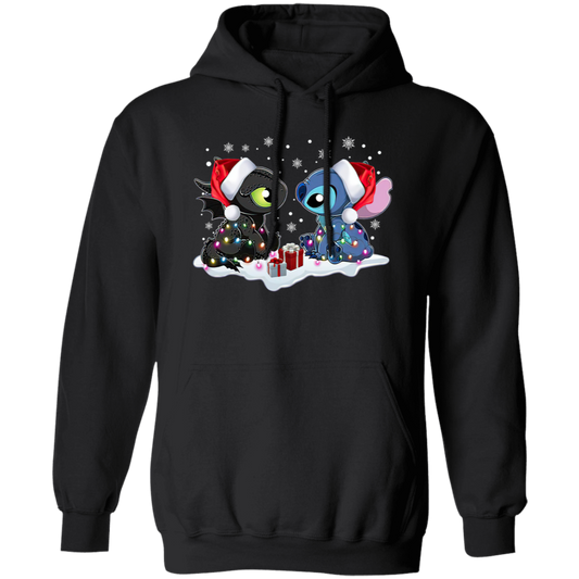 Stitch And Toothless Santa Christmas With Xmas Lights Unisex Sweatshirt  Gildan Pullover Hoodie