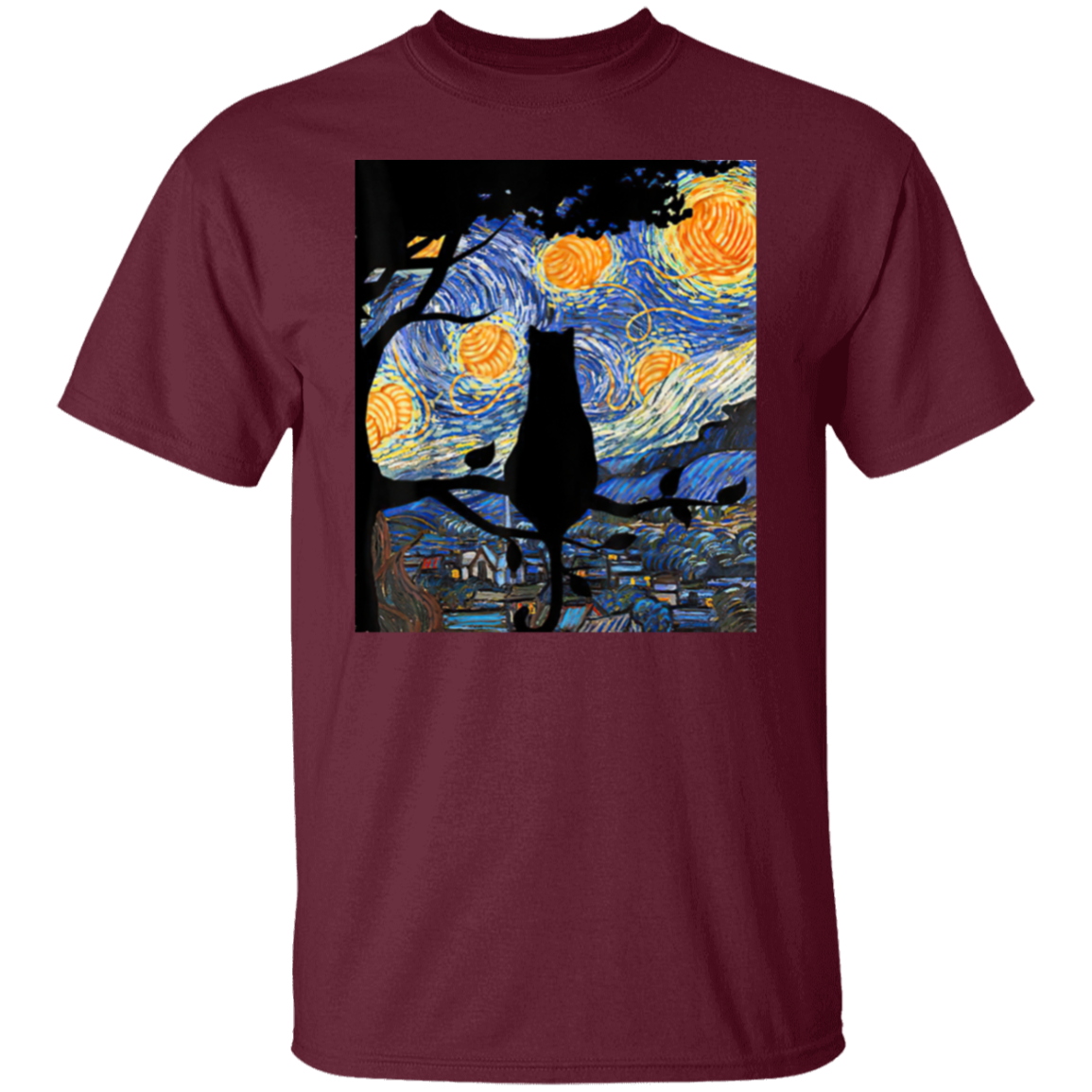Cat T Starry Night Cat Tee Van Gogh Cat Gift T-Shirt - leleart