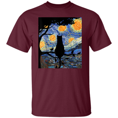 Cat T Starry Night Cat Tee Van Gogh Cat Gift T-Shirt - leleart