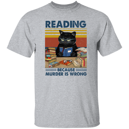 Reading Because Murder Is Wrong Teach T-Shirt, Funny Cat Book Shirt, Librarians T-Shirt, Book Club Gift, Retro Cat Lover Shirt, Bookworm
