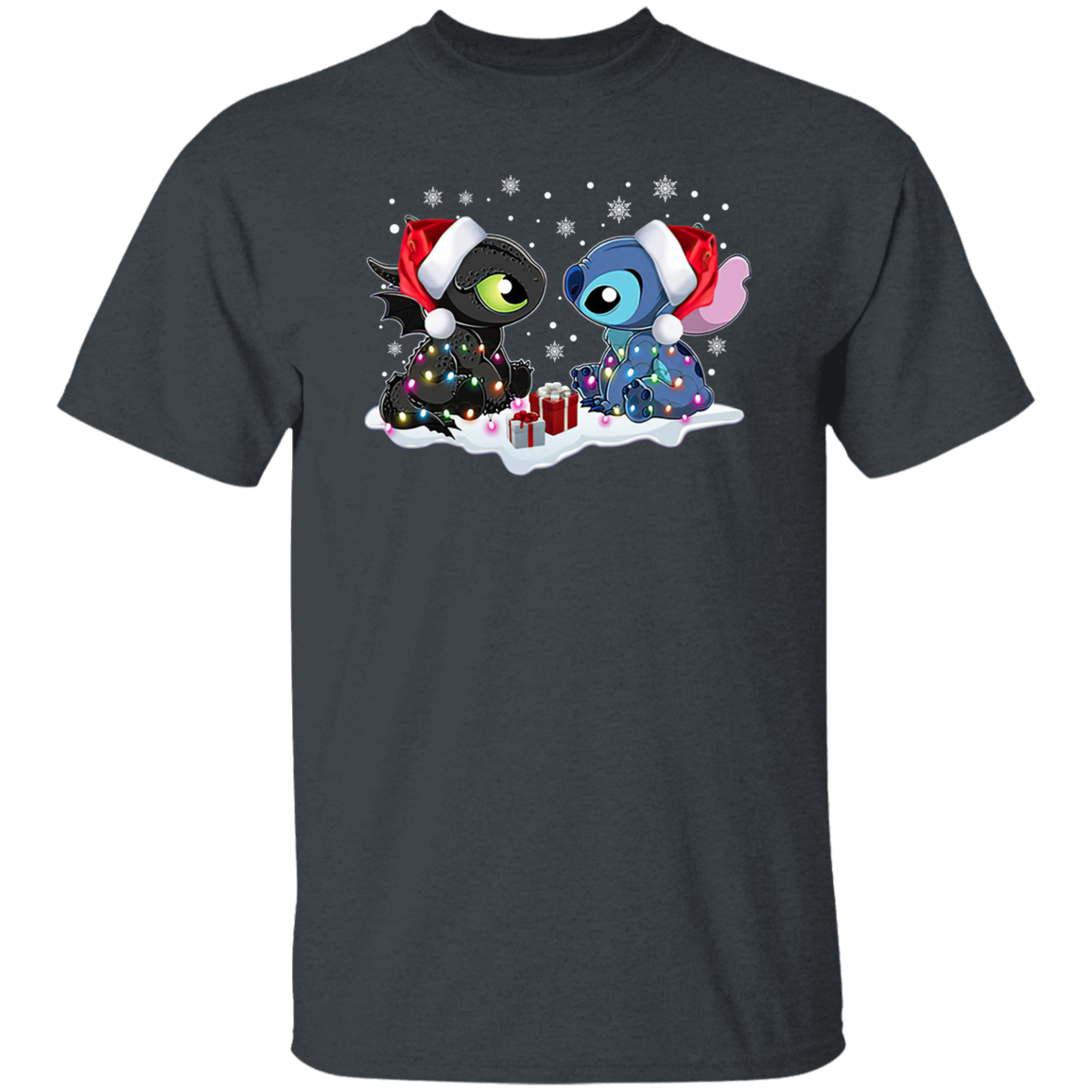 Stitch And Toothless Santa Christmas With Xmas Lights Unisex Sweatshirt Vintage T-Shirt