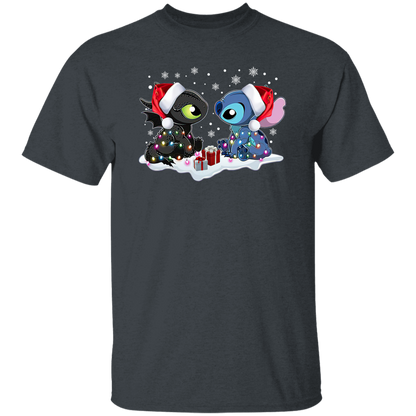 Stitch And Toothless Santa Christmas With Xmas Lights Unisex Sweatshirt Vintage T-Shirt