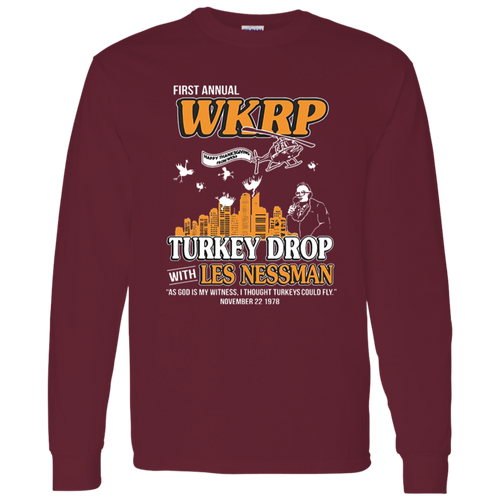 First Annual WKRP Turkey Drop Les Nessman Vintage T-Shirt, Thanksgiving Shirt, Turkey Shirt, Turkey Drop Shirt, Turkey Meme Shirt	G540 LS T-Shirt 5.3 oz.