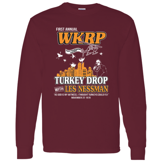 First Annual WKRP Turkey Drop Les Nessman Vintage T-Shirt, Thanksgiving Shirt, Turkey Shirt, Turkey Drop Shirt, Turkey Meme Shirt	G540 LS T-Shirt 5.3 oz.