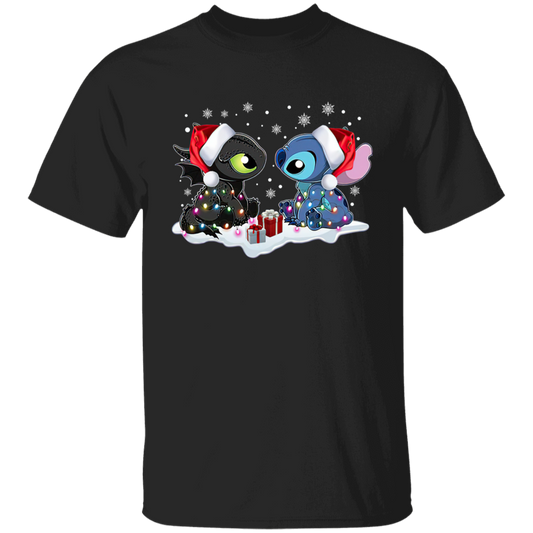Stitch And Toothless Santa Christmas With Xmas Lights Unisex Sweatshirt T-Shirt - YOUTH