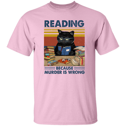 Reading Because Murder Is Wrong Teach T-Shirt, Funny Cat Book Shirt, Librarians T-Shirt, Book Club Gift, Retro Cat Lover Shirt, Bookworm