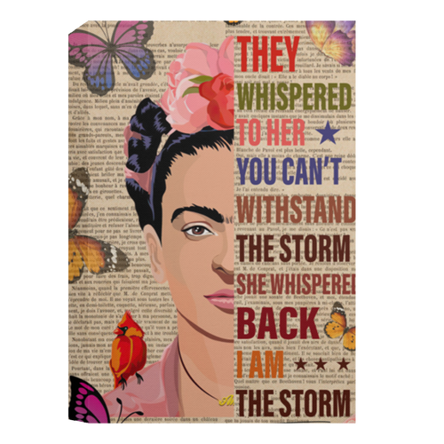 Book Page Theme Floral Frida Kahlo They Whispered To Her You Can’t Withstand The Storm Framed Canvas, Unframed Poster, Feminist Wall Decor	CANPO15 Deluxe Portrait Canvas 1.5in Frame