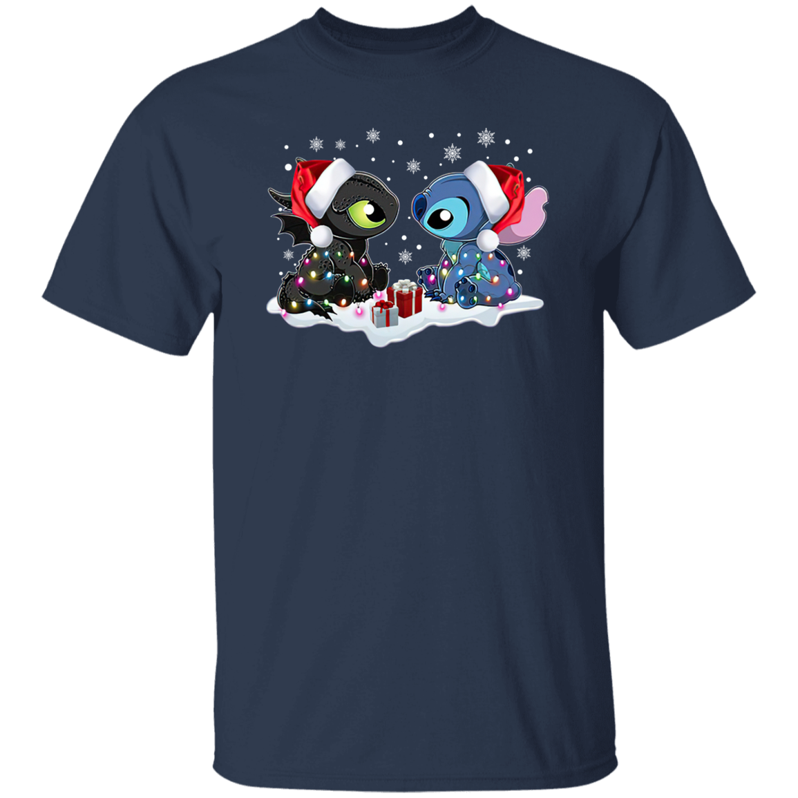 Stitch And Toothless Santa Christmas With Xmas Lights Unisex Sweatshirt Vintage T-Shirt