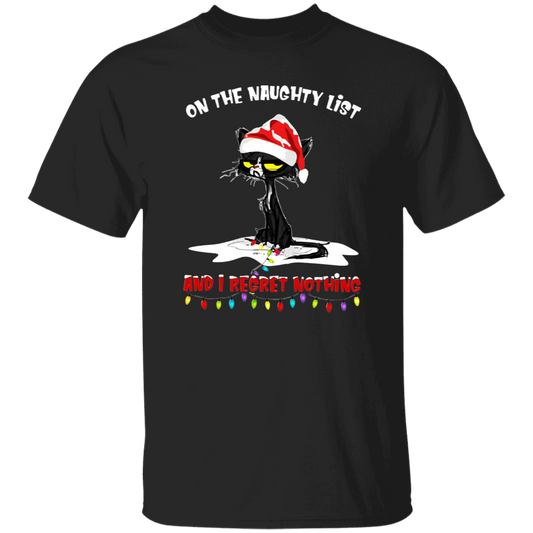 Black Cat On The Naughty List And I Regret Nothing Funny Vintage T-Shirt, Black Cat Shirt, Cat Lovers Shirt, Gift Tee For You And Family	G500 5.3 oz. T-Shirt